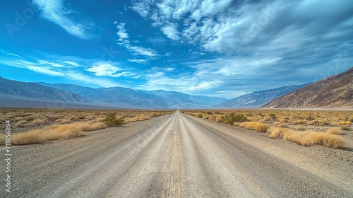 An unpaved road leads straight to the high mountains of Death Valley.