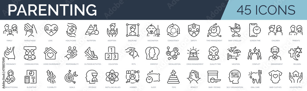 Set of 45 outline icons related to parenting. Linear icon collection. Editable stroke. Vector illustration
