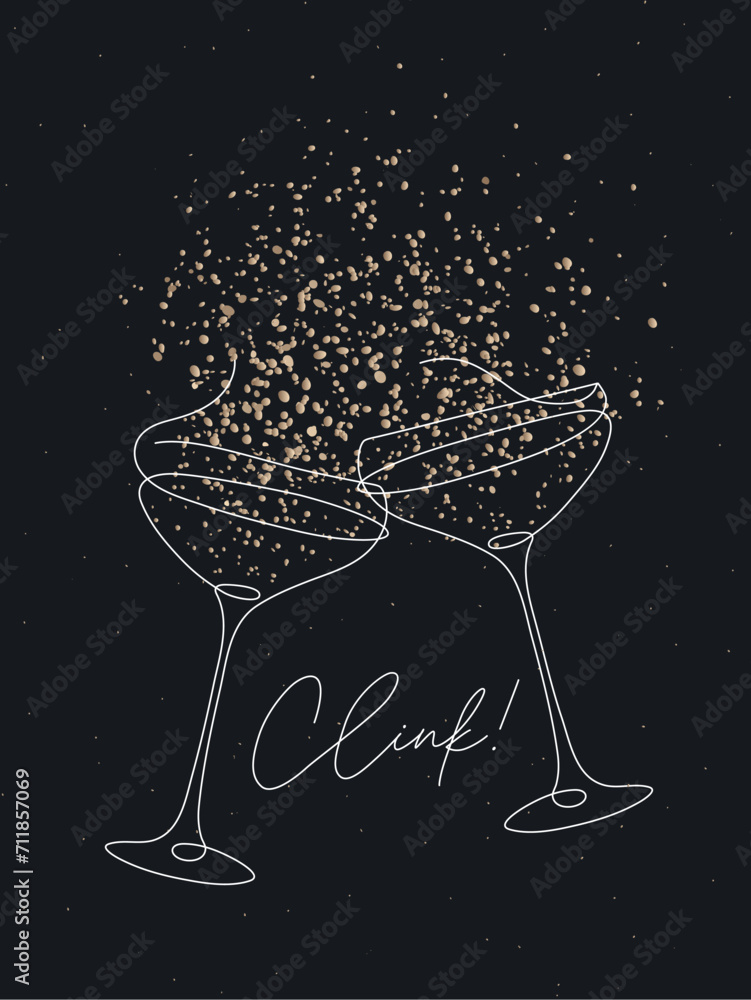 Clink glass of champagne with splash drawing in pen line style on black background