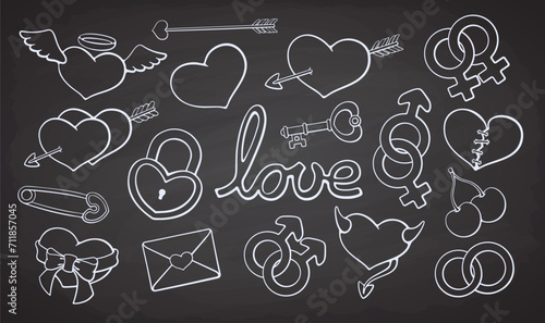 Collection of Hearts and Love Symbols. Valentines Day doodle Set. Vector Illustration. Hand drawn Outline Clip Art. Chalk Style Design Element Isolated on Chalkboard Background