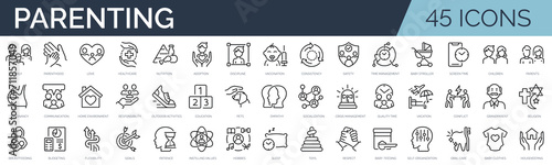 Set of 45 outline icons related to parenting. Linear icon collection. Editable stroke. Vector illustration
