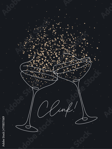 Obraz na płótnie Clink glass of champagne with splash drawing in pen line style on black background w salonie
