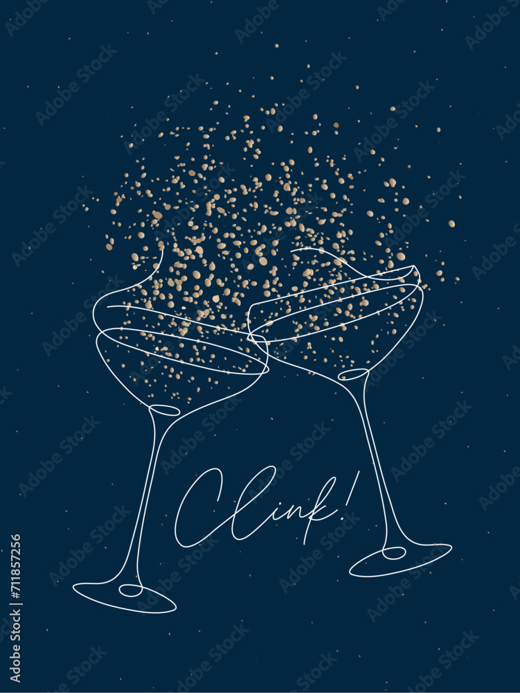 Clink glass of champagne with splash drawing in pen line style on blue background