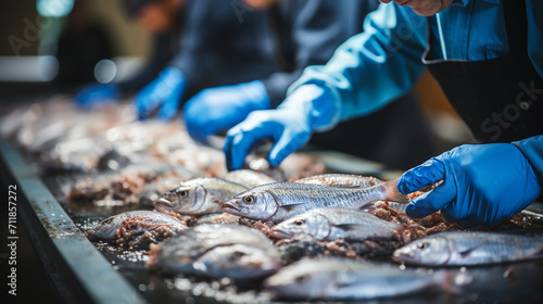 Group of seafood processing staff working with fresh sardines in plant