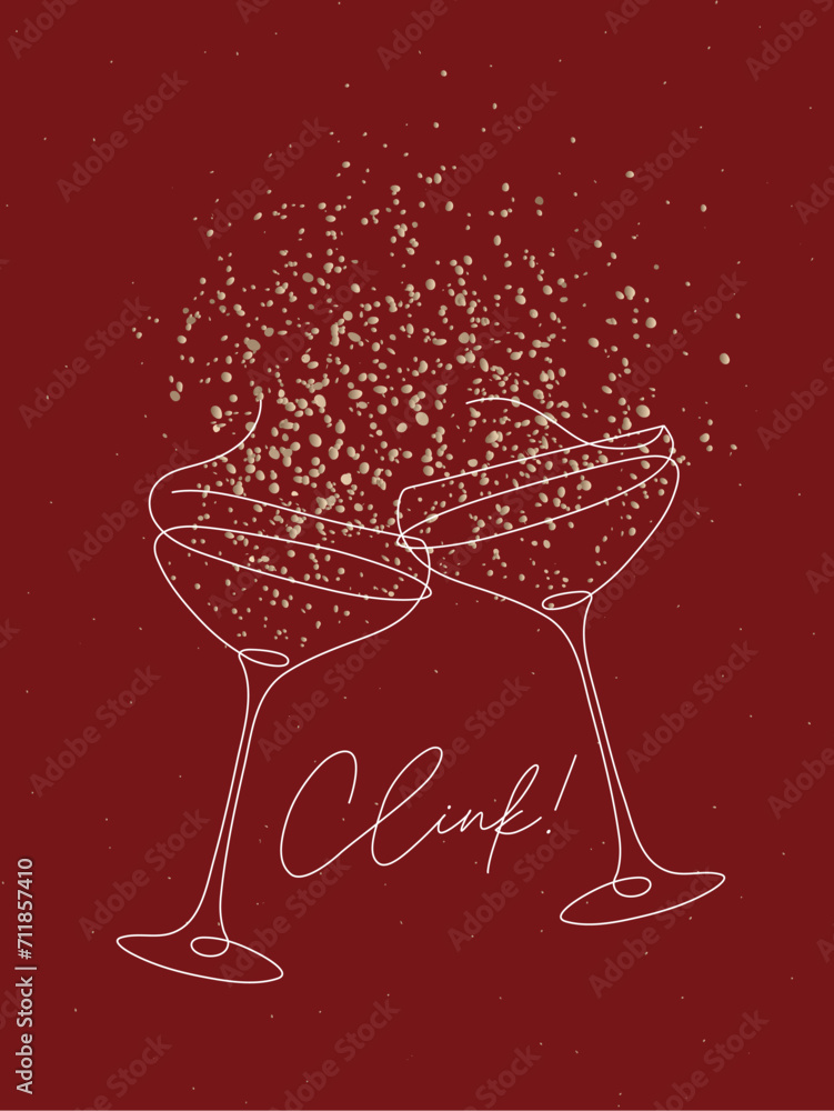 Clink glass of champagne with splash drawing in pen line style on red background