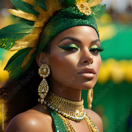 Young women in costume enjoying the carnival party blowing confetti, samba, carnival