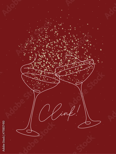 Obraz na płótnie Clink glass of champagne with splash drawing in pen line style on red background w salonie