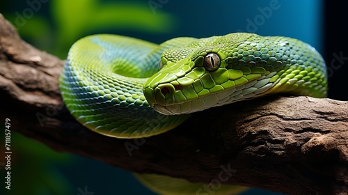 Stunning macro shot of a detailed green snake gracefully coiled on a lush jungle tree branch