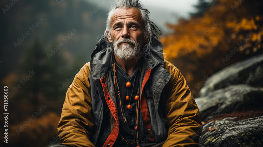 Fototapeta premium Full length of man meditating while sitting on rock