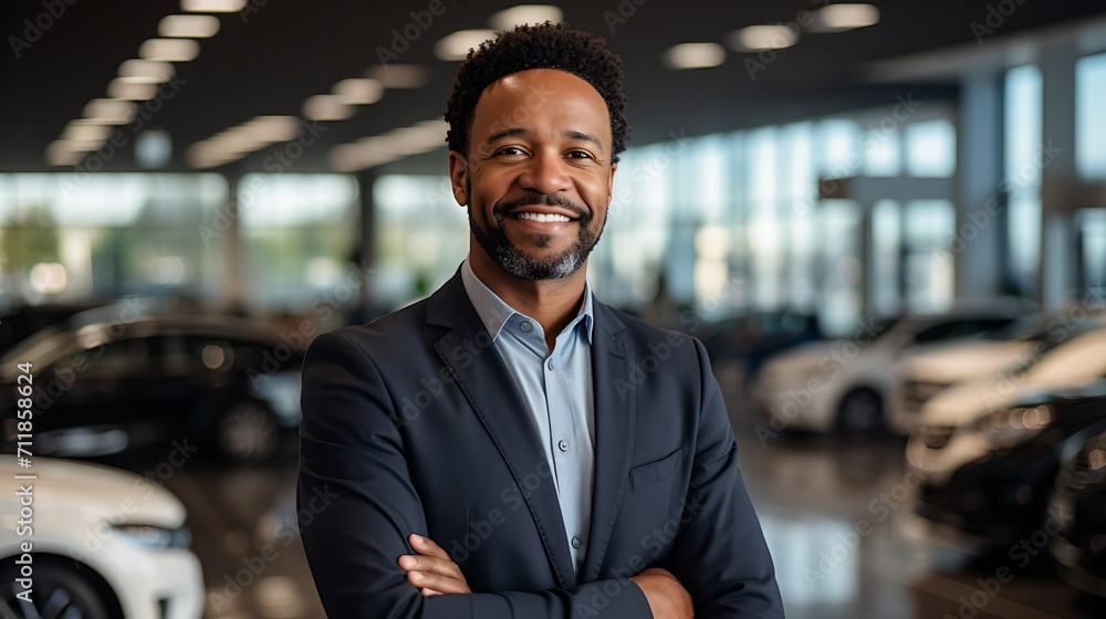 Portrait of a successful African-American businessman in a suit standing in a car dealership showroom - obrazy, fototapety, plakaty 