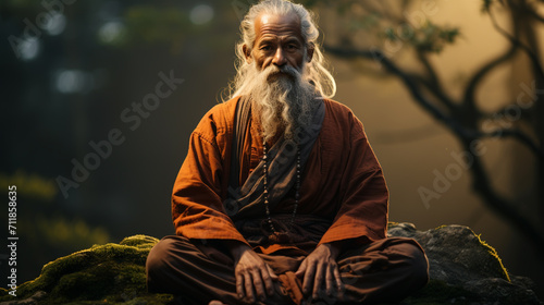 Full length of man meditating while sitting on rock © alexkich
