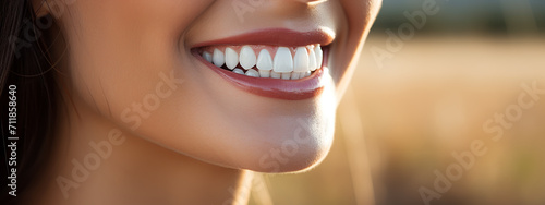 Beautiful female smile after teeth whitening procedure. Dental care. Dentistry concept. photo