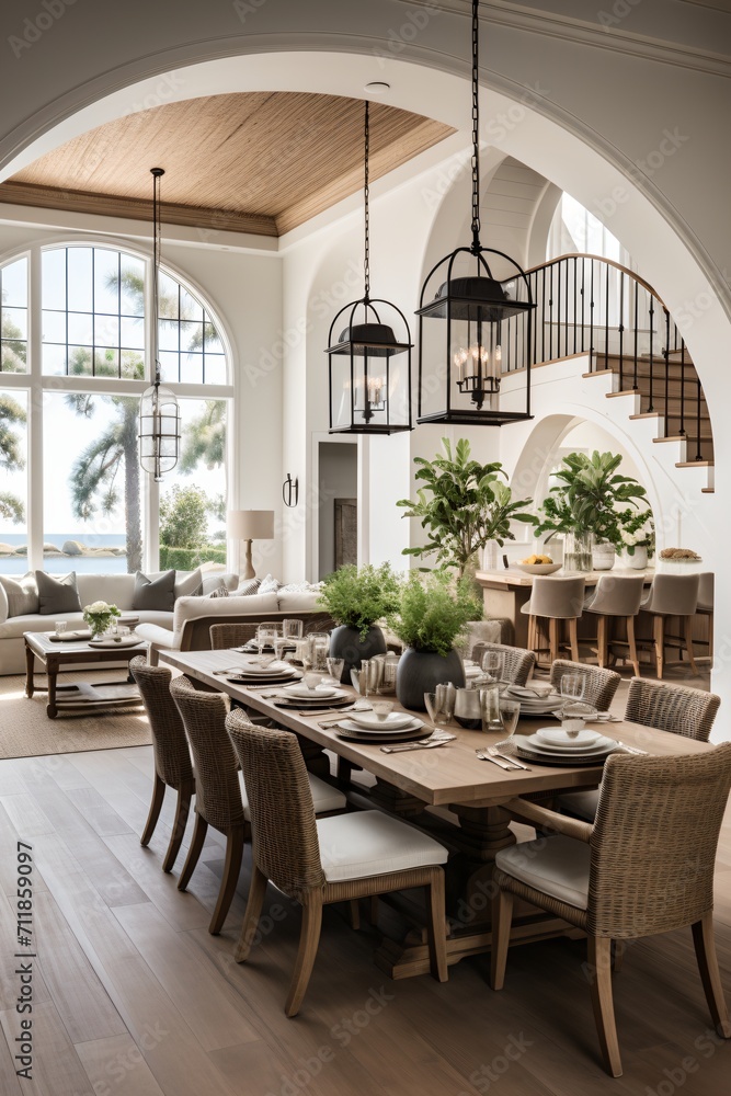 Fototapeta premium Elegant Coastal Dining Room With Modern Interior Design