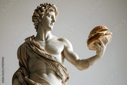 Ancient Greek god sculpture holding a burger. Fit man marble statue offers a cheeseburger. Fast food, overeating, bad diet, unhealthy eating habits concept, copy space. Restaurant menu mockup photo