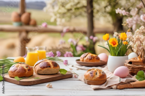 Wooden table cover of spring and fresh Easter food