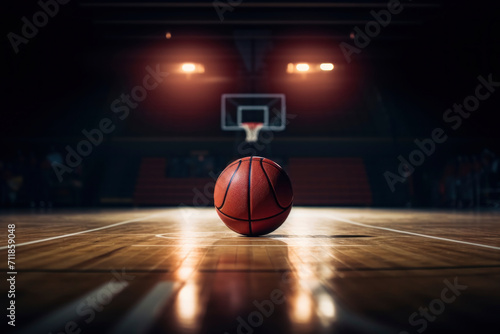 Basketball Centered on Gym Court with Hoop in Background