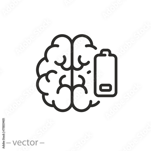 battery brain low level energy icon, exhausted or tired, fatigue and stress, burnout about work, thin line symbol, vector illustration