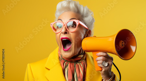 portrait of a senior woman screaming with a megaphone over a color background photo