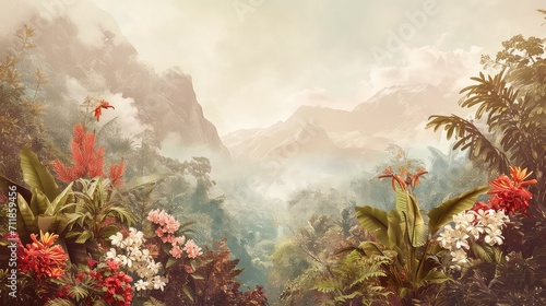 Fototapeta Naklejka Na Ścianę i Meble -  Watercolor wallpaper pattern. Jungle landscape in retro wallpaper style.