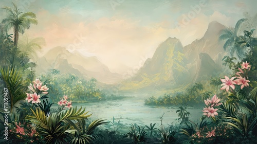 Watercolor wallpaper pattern. Jungle landscape in retro wallpaper style.