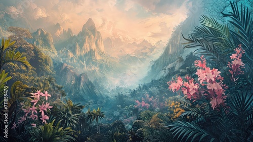 Watercolor wallpaper pattern. Misty jungle and mountain landscape in retro wallpaper style.