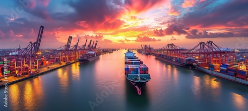 Global logistics network  container cargo ships and trucks for import export freight shipping photo