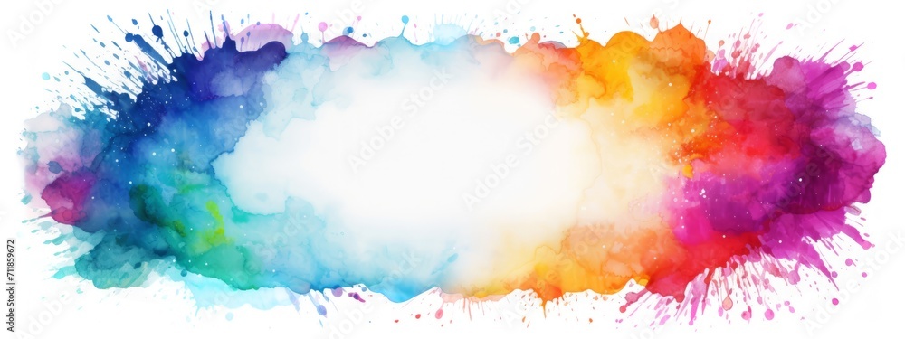Abstract colorful rainbow color painting illustration banner long wide - Ellipse frame made of watercolor splashes, isolated on white background .