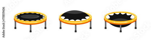 Trampoline is level and flexing set. Yellow black round instrument for gymnastics and fun jumping with active sports vector leisure