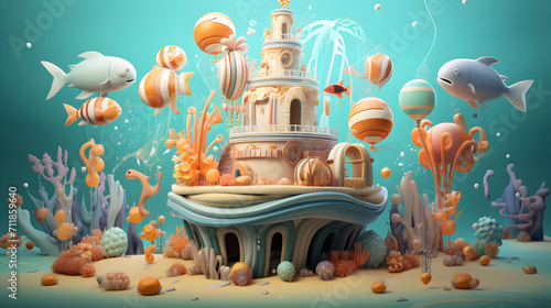 A 3D Illustration Journey into Serenity,, Pastel Color Landscape in Mesmerizing 3D
