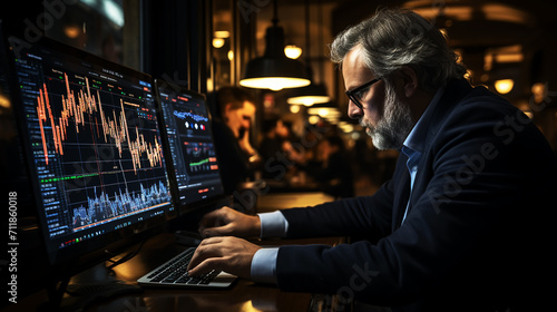Crypto trader investor analyst looking at computer screen analyzing financial graph data on pc monitor