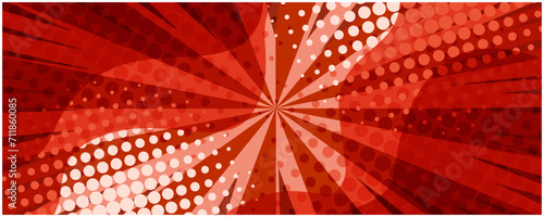 Bright red striped retro comic background with halftone corners and wavy shapes. Abstract cartoon orange background with stripes and half tone pattern for comics book, advertising design, poster