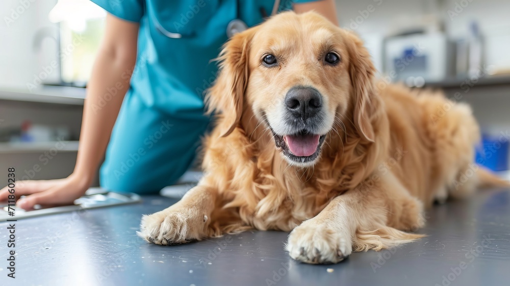 Beautiful female veterinarian conducting medical tests on happy dog in veterinary clinic Beautiful female veterinarian conducting medical tests on happy dog in veterinary clinic