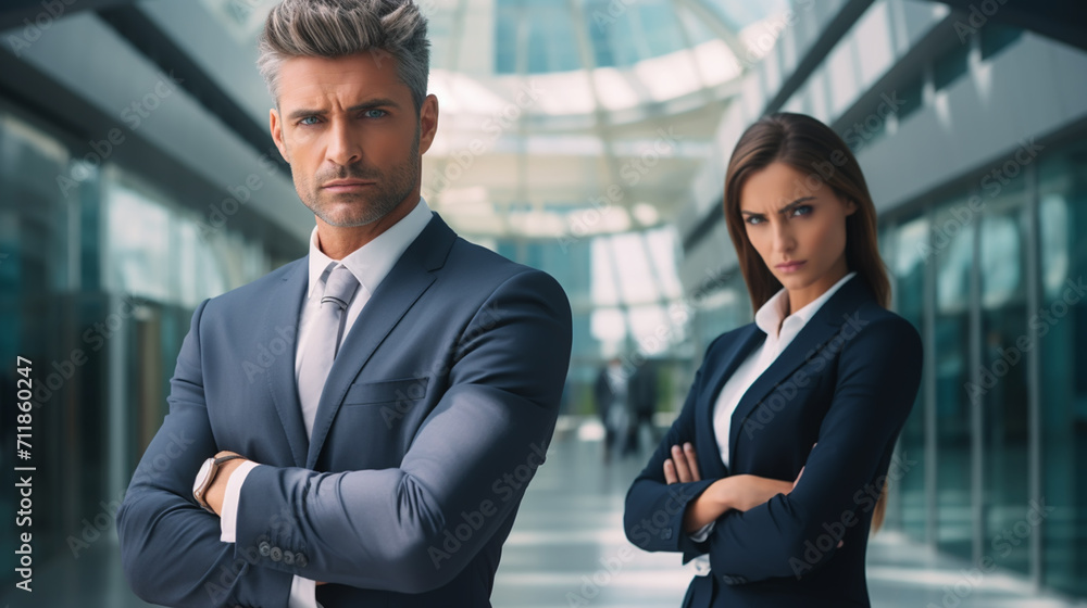 Successful happy businessman and businesswoman standing back to back with arms crossed and smiling at camera, office interior. Partnership concept Successful happy businessman and businesswoman standing back to back with arms crossed and smiling at camera, office interior. Partnership concept