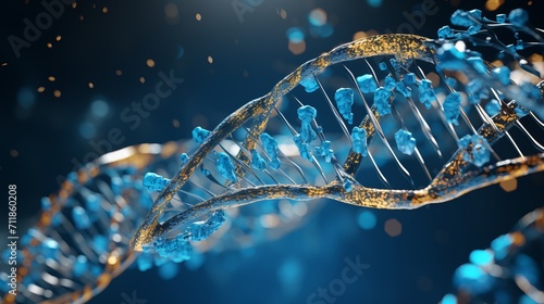 Detailed 3d render of human dna strands under microscope for genetic research and analysis