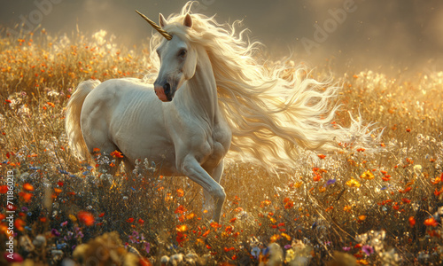 Majestic Unicorn Galloping in Sunlit Flower Field. © Naigigg