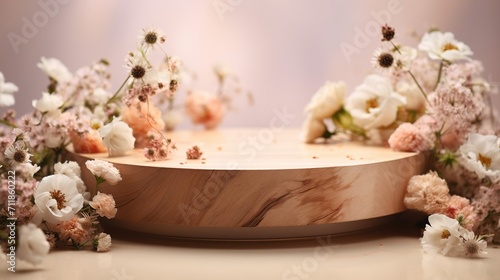 Empty wooden platform podium for presentation and advertising of product, cosmetics and spring flowers on a beige background,