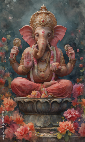 Traditional Lord Ganesha Painting with Flowers.