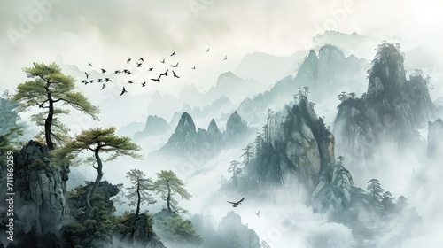 Wallpaper of a jungle and mountain landscape in waterpainting and retro style. © Simon