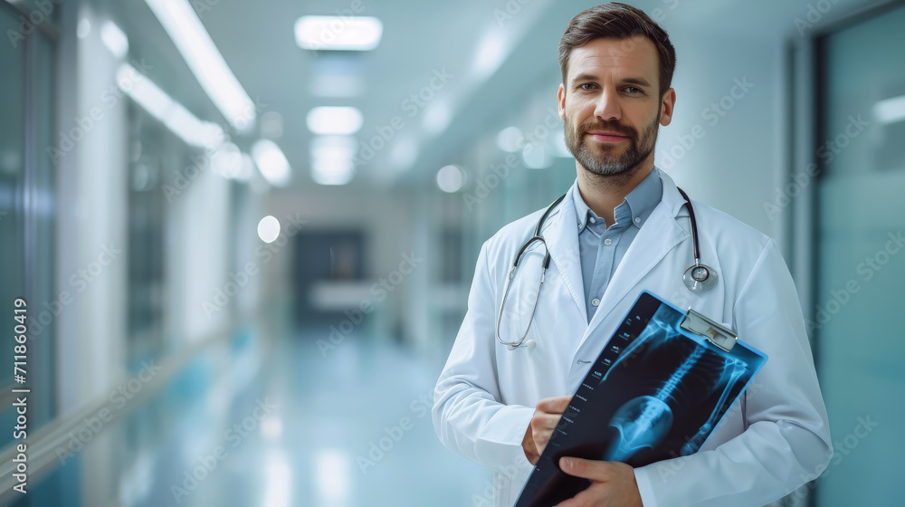 young male doctor in a white coat with a stethoscope holds an x-ray against the background of a hospital ward, medicine, treatment, clinic, professional, portrait, traumatology, surgeon, neurologist - obrazy, fototapety, plakaty 