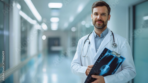 young male doctor in a white coat with a stethoscope holds an x-ray against the background of a hospital ward, medicine, treatment, clinic, professional, portrait, traumatology, surgeon, neurologist photo