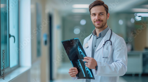 young male doctor in a white coat with a stethoscope holds an x-ray against the background of a hospital ward, medicine, treatment, clinic, professional, portrait, traumatology, surgeon, neurologist