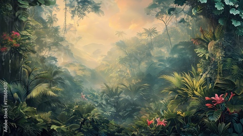 Beautiful wallpaper background of a jungle landscape. © Simon