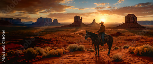 Silhouette of a lone cowboy on horseback at sunset photo