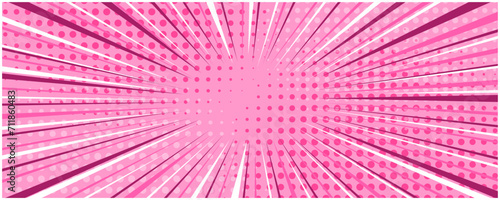 Light bright candy pink striped retro comic background with dotted halftone corners. Cartoon rose party texture with dark and light stripes and dots pattern for comics book, advertising design, poster