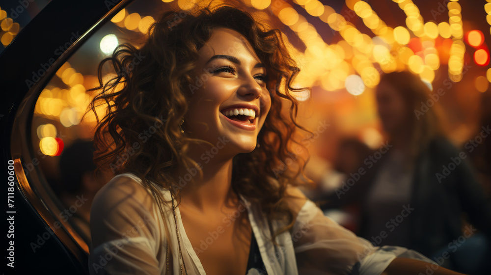 A young woman is dancing at a concert having a good time at an open air venue in the night. A young woman is dancing at a concert having a good time at an open air venue in the night.