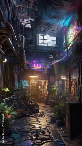A cyberpunk city alley with junk. 
