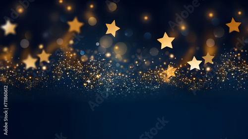 Abstract background with gold stars, particles and sparkling on navy blue. Christmas Golden light shine particles bokeh on navy blue background. 2024 New year background. Gold foil texture.