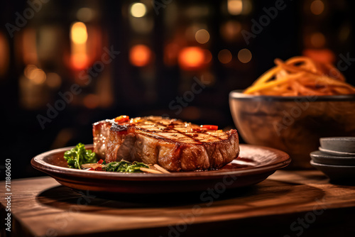 Delight in the rustic charm of a juicy pork steak, tastefully presented on a table. This hearty dish promises a delicious and satisfying culinary experience.