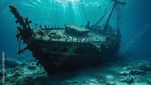 destroyed old ship under the sea in the depths with sand HD © Marco