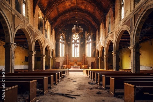 The church has a traditional and vacant interior. Generative AI